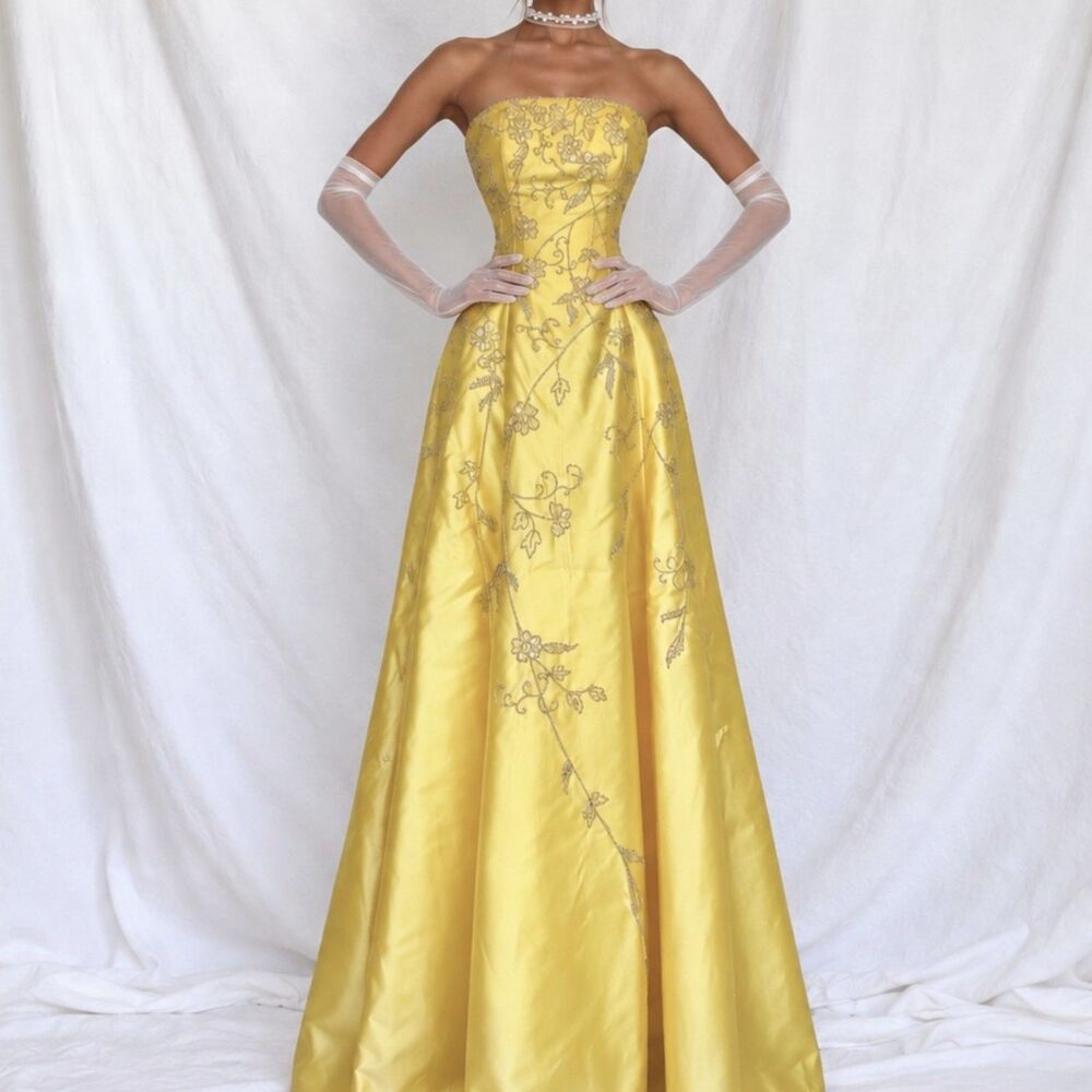 Vintage Y2K 90s Yellow Floral Strapless Beaded Flared Maxi Prom Dress Size S